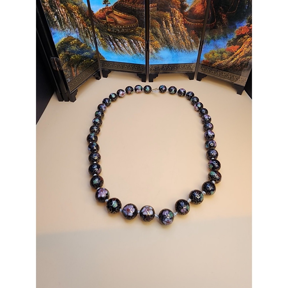 Vtg Chinese CLOISONNE Black Pink Green White Enamel & Metal Necklace FREE $HIP!!